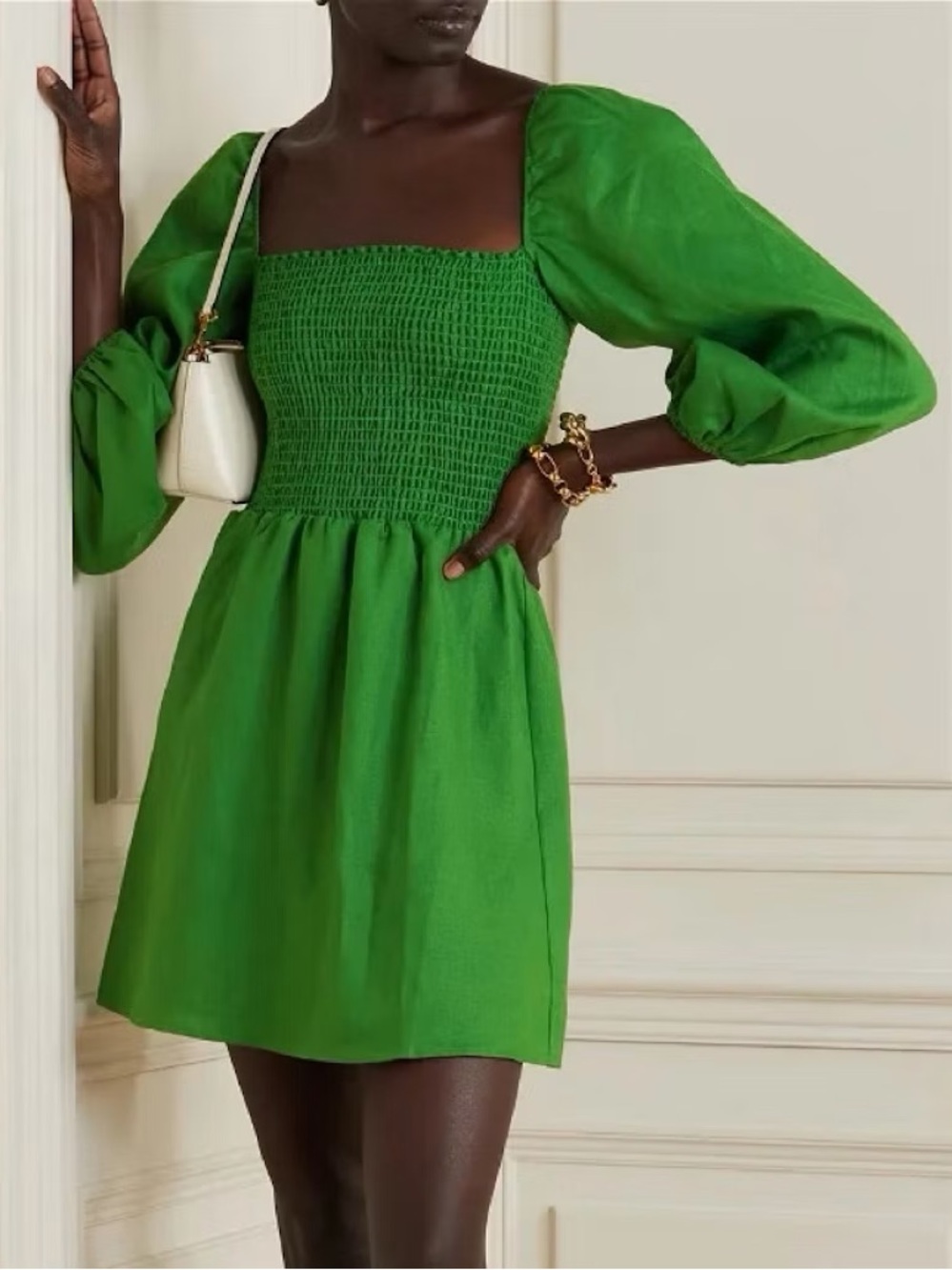 Reformation Greyson Dress Green Linen Smocked Mini Dress XL